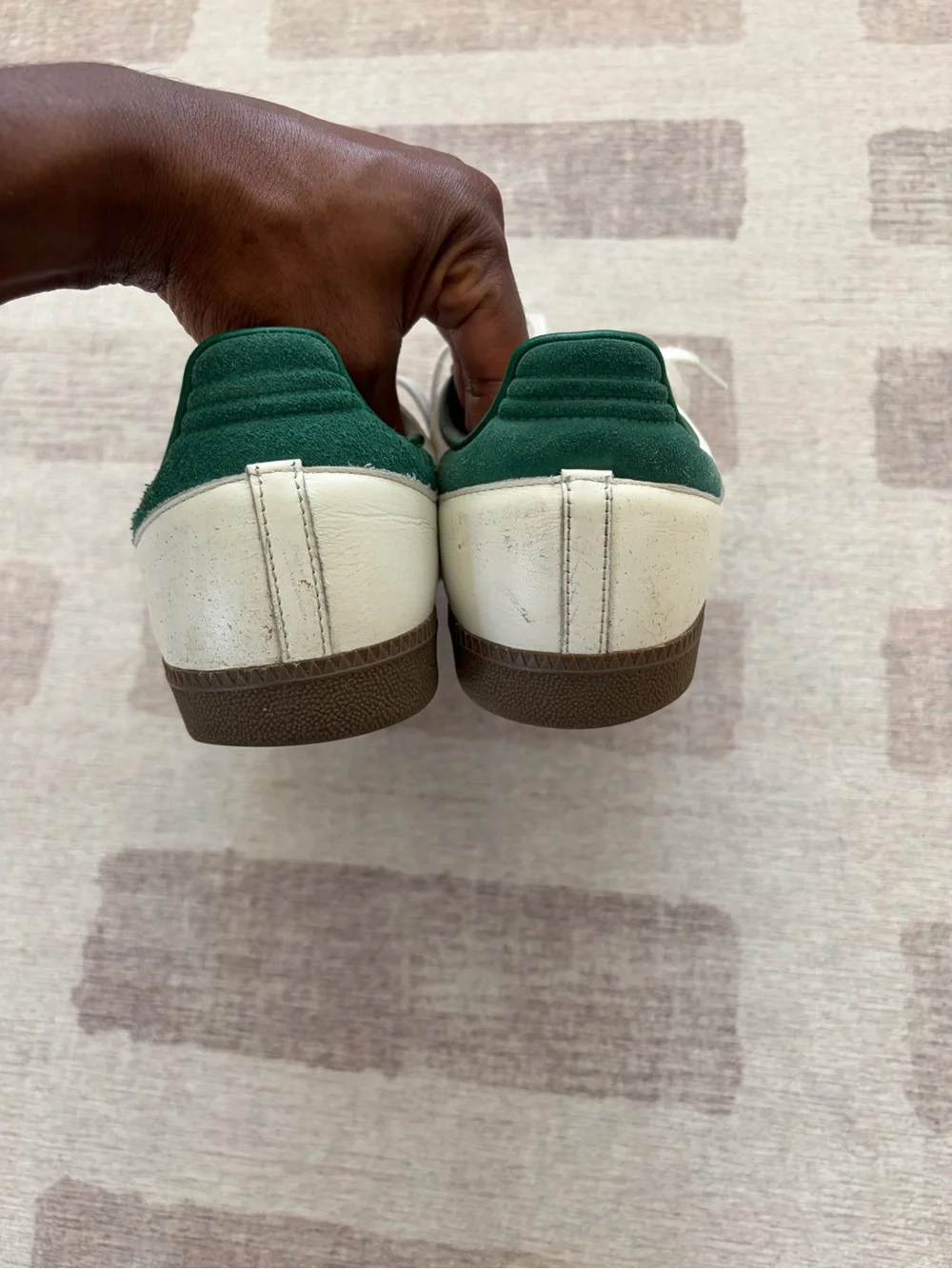 adidas Samba Sneakers in White with Navy Stripes and Green Heel Tab